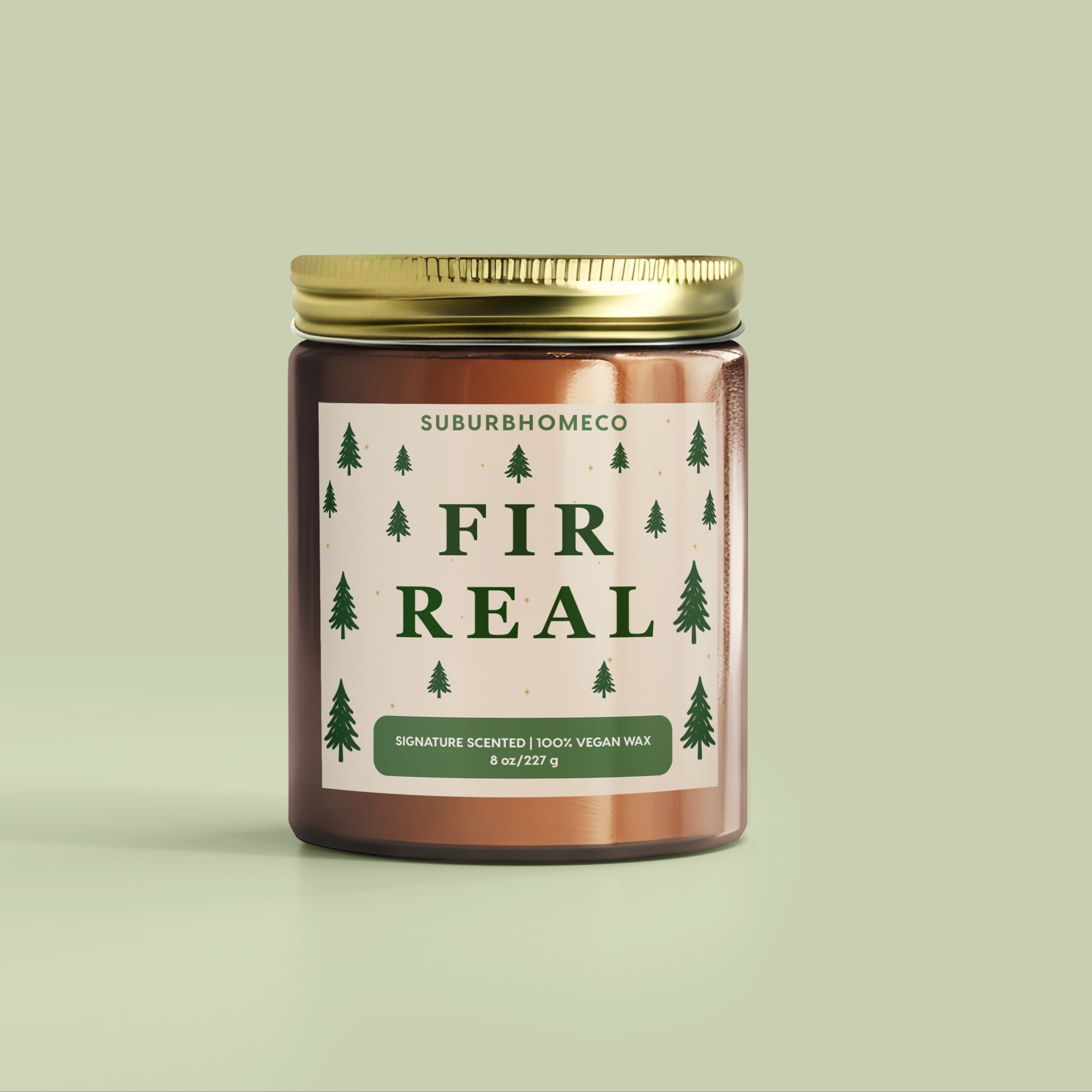 Candle jar labeled 'Fir Real' on a light green background