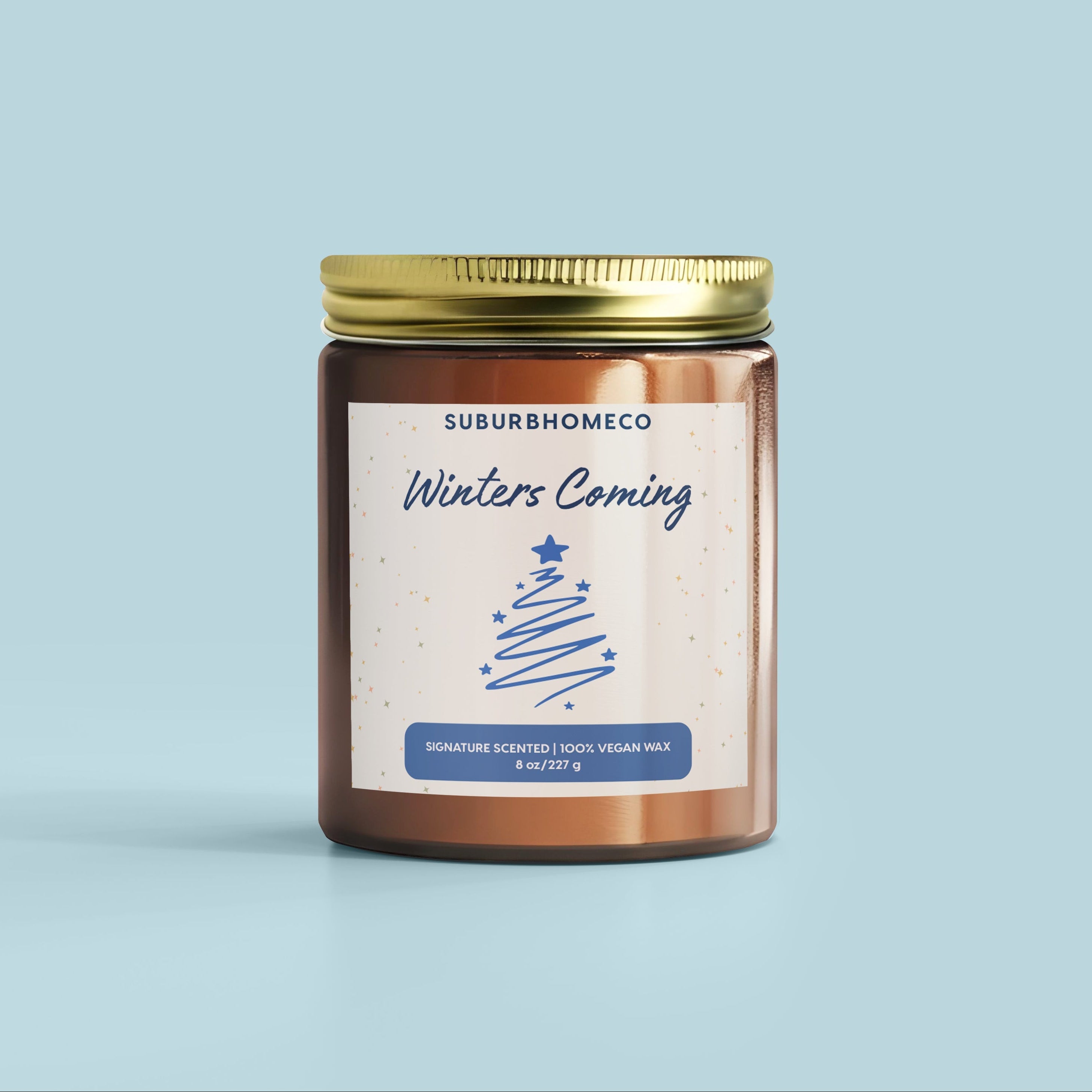 Candle jar with a label on a light blue background